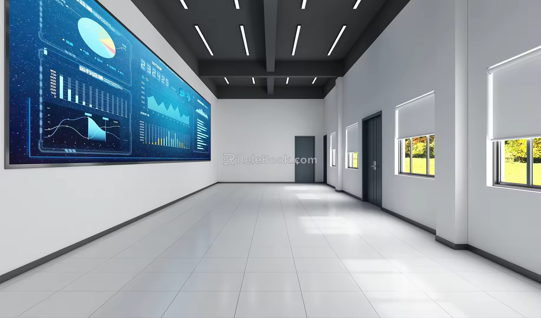 Large electronic screen of control room command center dispatching center 3d model