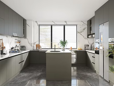 Modern Kitchen Interior With Gray Cabinets Island Counter And Appliances 3d model