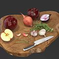 Wooden Cutting Board And Kitchen Knife With Apples Onions Garlic And Herbs