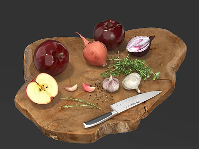 Wooden Cutting Board And Kitchen Knife With Apples Onions Garlic And Herbs 3d model