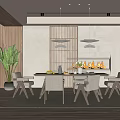 Modern Restaurant Dining Area With Wooden Elements Hanging Lights Fireplace Large Plant And Natural Light