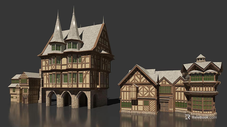Traditional European Multi Story Architecture With Spires Timber Frames Arched Doorways And Stone Bases 3d model 