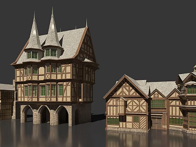 Traditional European Multi Story Architecture With Spires Timber Frames Arched Doorways And Stone Bases 3d model