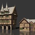 Traditional European Multi Story Architecture With Spires Timber Frames Arched Doorways And Stone Bases