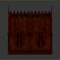 Gothic Style Red Wooden Shelf With Carved Top And Multiple Storage Compartments