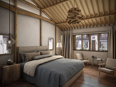 Hotel Guest Room Featuring Wooden Ceiling Chandelier Large Bed Gray Bedspread And Chairs 3d model