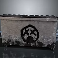 Industrial Worn Metal Container With Black Graffiti Symbol And Textured Exterior