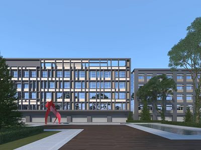 Modern Industrial Factory Building Featuring Large Glass Windows Greenery Red Sculpture Walkway And Water Pool 3d model