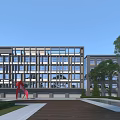 Modern Industrial Factory Building Featuring Large Glass Windows Greenery Red Sculpture Walkway And Water Pool