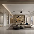 Modern Living and Dining Room Interior With Marble Wall Large TV Beige Sofa And Projector
