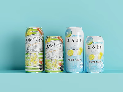 Refreshing Canned Lemon Drinks With Japanese Labels And Lemon Graphics On Light Blue Background 3d model