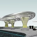 Modern Waterfront Pergola With Curved Canopy And Spiral Pillar Design 3d model