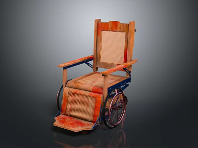 Classic Vintage Wooden Wheelchair With Orange Woven Seat And Metal Wheels 3d model