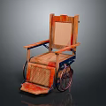 Classic Vintage Wooden Wheelchair With Orange Woven Seat And Metal Wheels
