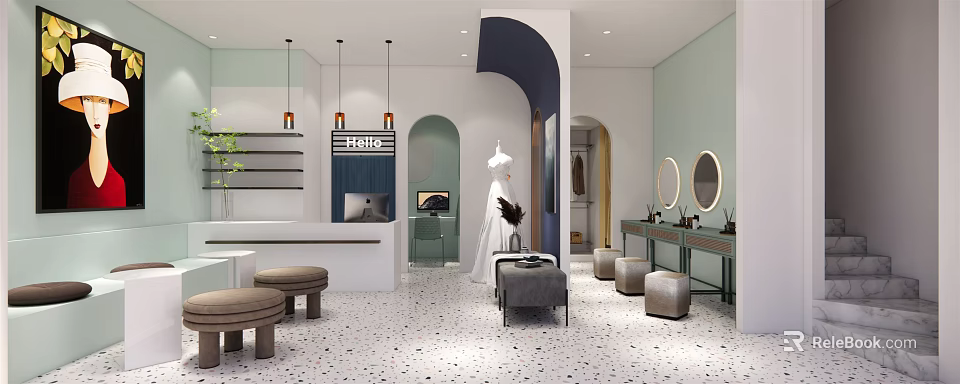 Modern Interior Design With Reception Counter Geometric Arches Round Mirrors And Stools 3d model 
