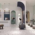 Modern Interior Design With Reception Counter Geometric Arches Round Mirrors And Stools
