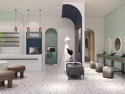 Modern Interior Design With Reception Counter Geometric Arches Round Mirrors And Stools 3d model