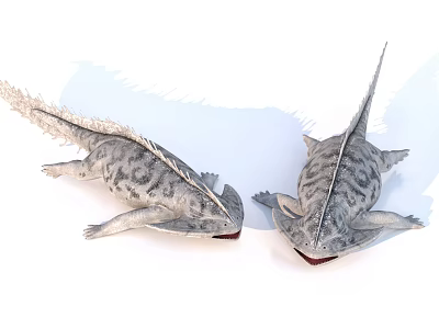 Aquatic Animals Featuring Gray Spotted Skin Long Tails Dorsal Fins And Open Red Mouths 3d model