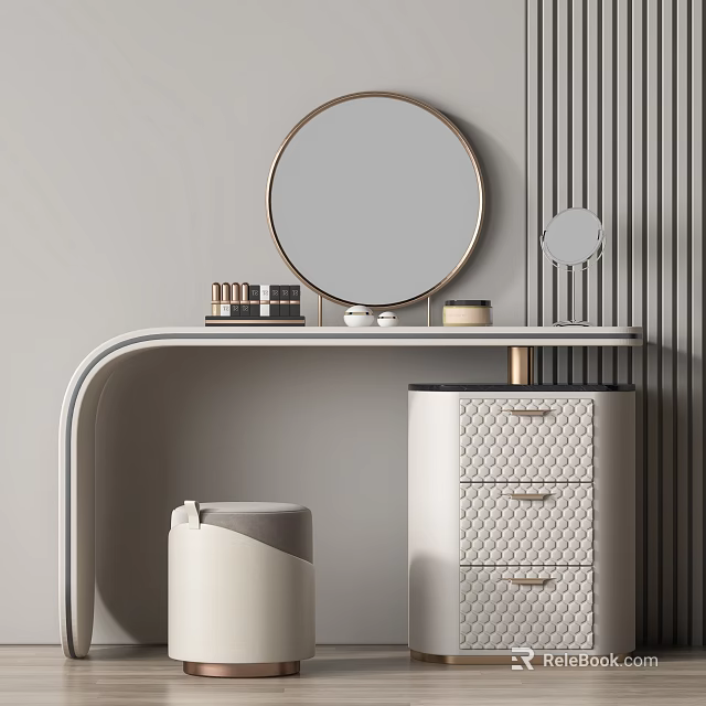 Modern Dressing Table With Round Mirror Small Mirror And Cosmetics Drawer Cabinet 3d model 