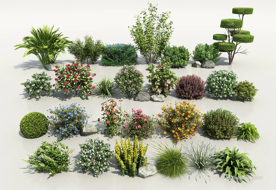 Diverse Garden Flowers And Shrubs Showcasing Various Colors Shapes And Natural Beauty 3d model 