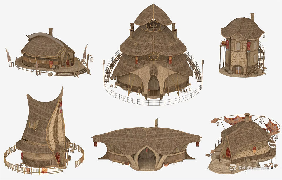 Traditional Tribal Style Thatched Roof Houses With Various Architectural Designs And Shapes 3d model 