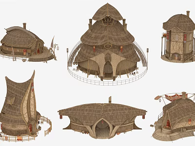 Traditional Tribal Style Thatched Roof Houses With Various Architectural Designs And Shapes 3d model