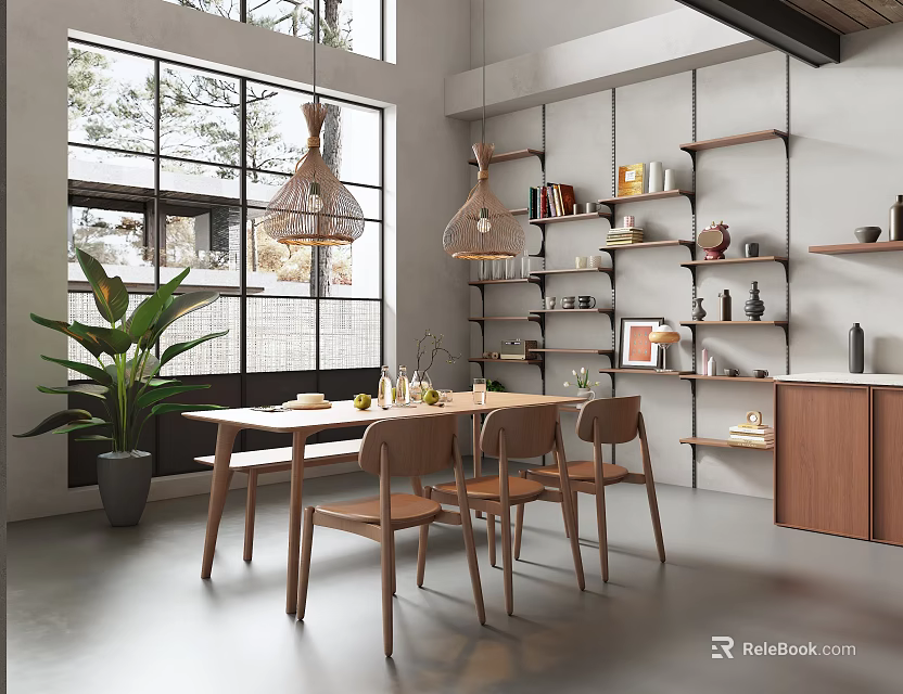 Modern Restaurant Interior With Large Windows Wicker Pendant Lights Wooden Table Chairs Green Plant Shelves 3d model 