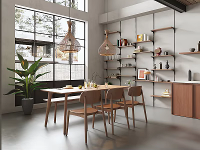 Modern Restaurant Interior With Large Windows Wicker Pendant Lights Wooden Table Chairs Green Plant Shelves 3d model