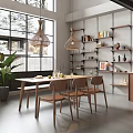 Modern Restaurant Interior With Large Windows Wicker Pendant Lights Wooden Table Chairs Green Plant Shelves