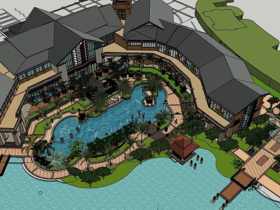 Luxury Waterfront Resort Architecture With Central Swimming Pool And Lush Greenery Courtyard 3d model