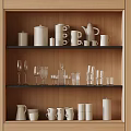Wooden Cabinet Shelves With Neatly Arranged Cups Teapots Jars And Glassware