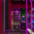 Vibrant Red Restaurant Interior With Neon Lights Staircase Display Shelves Holding Wine Bottles And Figurines