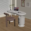 Modern White Desk With Laptop Glasses Beside Brown Chair Near Blinds Plant And Wall Art