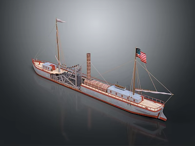 Classic Vintage Steamboat Model With American Flag Chimney And Tall Masts 3d model