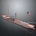 Classic Vintage Steamboat Model With American Flag Chimney And Tall Masts