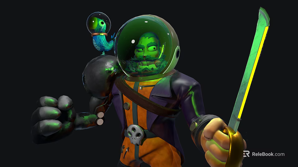 Detailed Fantasy Character Wearing Helmet with Small Green Creature Holding Sword and Skull Decorated Attire 3d model 