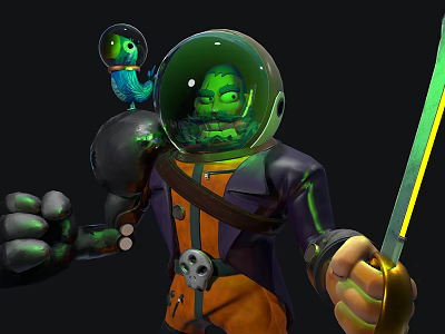 Detailed Fantasy Character Wearing Helmet with Small Green Creature Holding Sword and Skull Decorated Attire 3d model