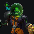 Detailed Fantasy Character Wearing Helmet with Small Green Creature Holding Sword and Skull Decorated Attire