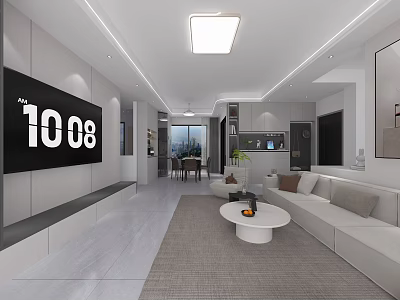 Modern Minimalist Light Toned Open Layout Living And Dining Room Cozy Interior Design Idea 3d model