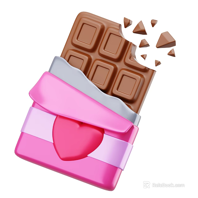 Delicious Chocolate Bar with Pink Wrapper Heart Decoration and Broken Pieces 3d model 