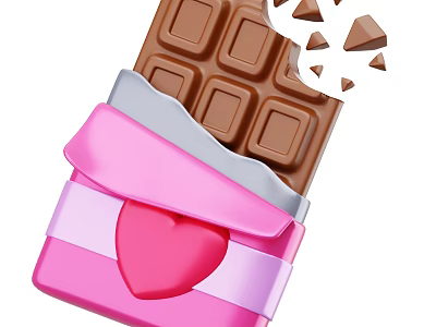 Delicious Chocolate Bar with Pink Wrapper Heart Decoration and Broken Pieces 3d model
