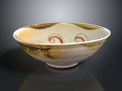 Artisanal Handcrafted Ceramic Bowl With Beige Brown Glaze Red Spiral Patterns And Smooth Rim 3d model