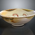 Artisanal Handcrafted Ceramic Bowl With Beige Brown Glaze Red Spiral Patterns And Smooth Rim
