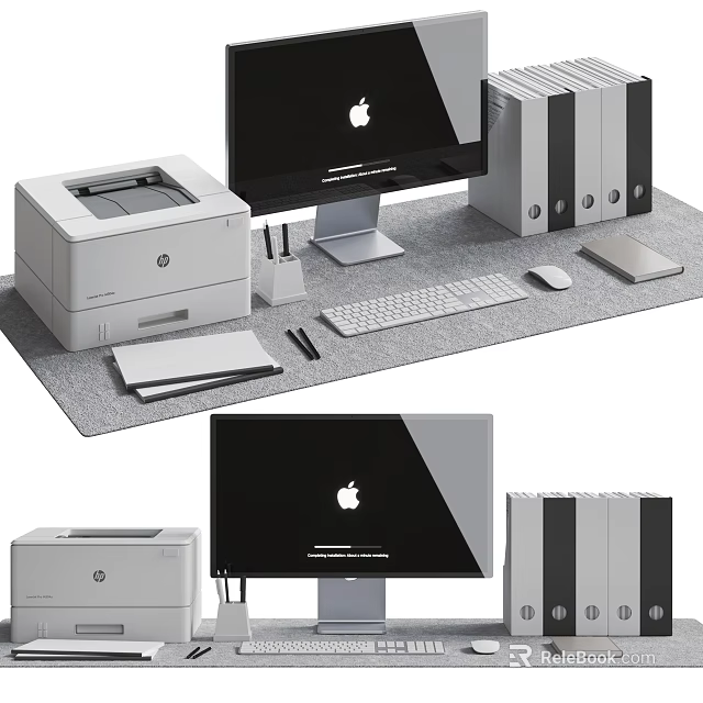 Modern Desktop Computer Setup with Monitor Printer Keyboard Mouse and Office Accessories 3d model 