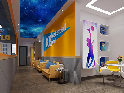K8 Basketball Court Indoor Space With Starry Sky Ceiling Yellow Wall And Seating Furniture 3d model