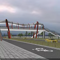 Red and White Canopy Bridge Over Road With Bicycle Lane Staircases And Cars Passing Below