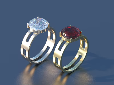 Pair of Elegant Rings With Round Blue And Red Gemstones On Polished Geometric Metal Bands 3d model