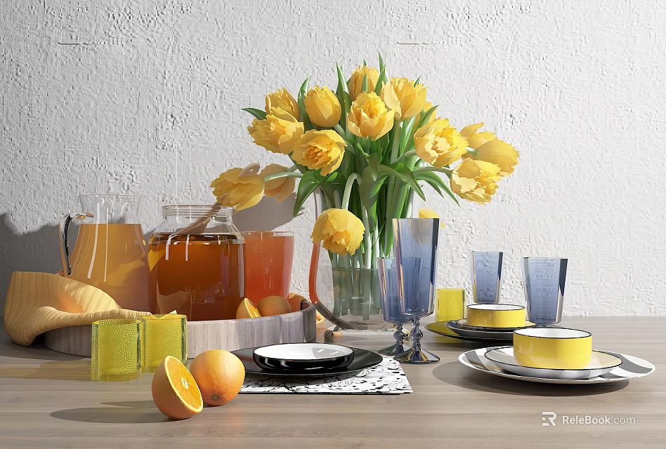 Stylish Tableware Set Featuring Yellow Tulips Glassware Orange Juice And Oranges On Wooden Table 3d model 