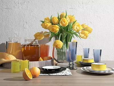 Stylish Tableware Set Featuring Yellow Tulips Glassware Orange Juice And Oranges On Wooden Table 3d model