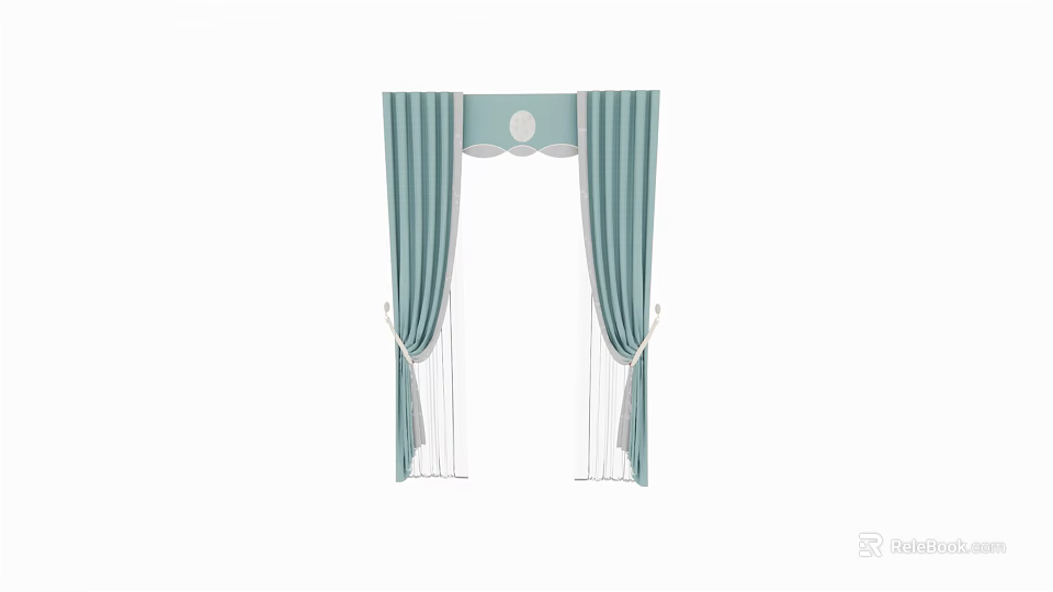 Blue Green Striped Window Curtains With Top Decoration And Tied Sides 3d model 